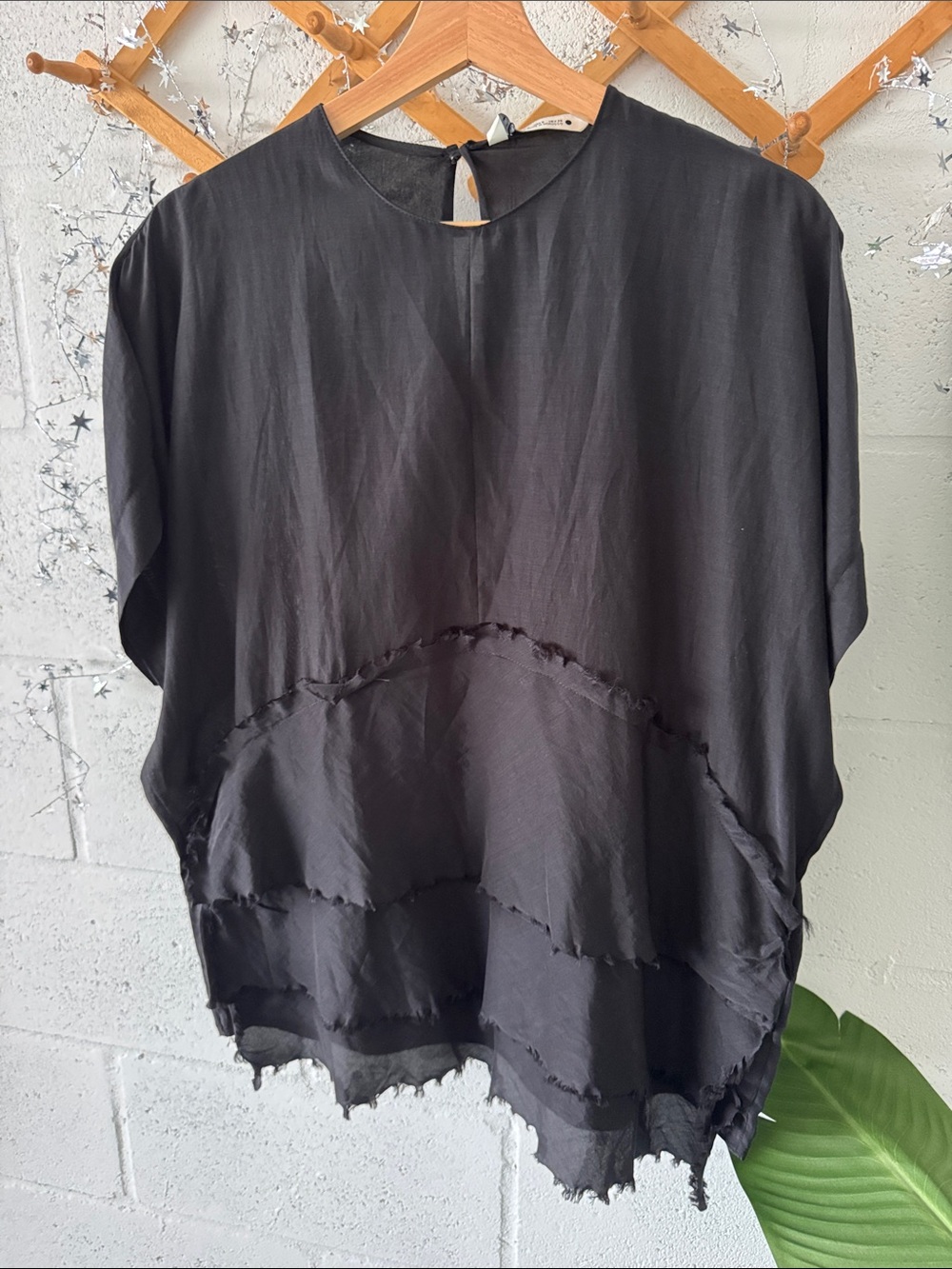 Zara Black Layered Raw-Edge Short Sleeve Blouse
